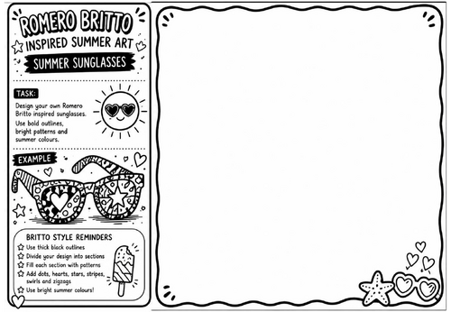 Romero Britto Inspired Summer Art – Summer Sunglasses | KS2 KS3 Pop Art Drawing Worksheet | Summer C