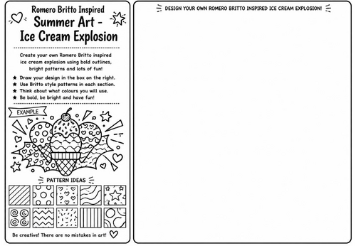 Romero Britto Inspired Summer Art – Ice Cream Explosion | KS2 KS3 Pop Art Drawing Worksheet | Summer