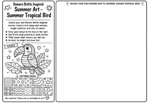 Romero Britto Inspired Summer Art – Summer Tropical Bird | KS2 KS3 Pop Art Drawing Worksheet | Summe