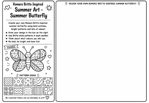 Romero Britto Inspired Summer Art – Summer Butterfly | KS2 KS3 Pop Art Drawing Worksheet | Summer Co