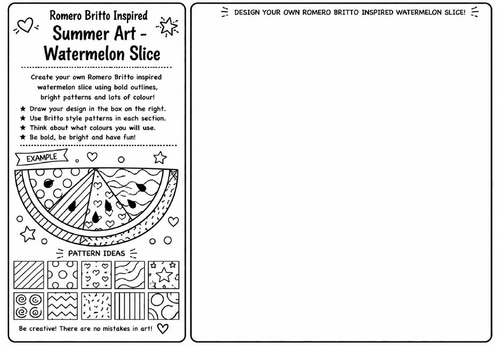 Romero Britto Inspired Summer Art – Watermelon Slice | KS2 KS3 Pop Art Drawing Worksheet | Summer Co