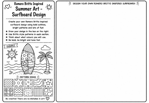 Romero Britto Inspired Summer Art – Surfboard Design | KS2 KS3 Pop Art Drawing Worksheet | Summer Co