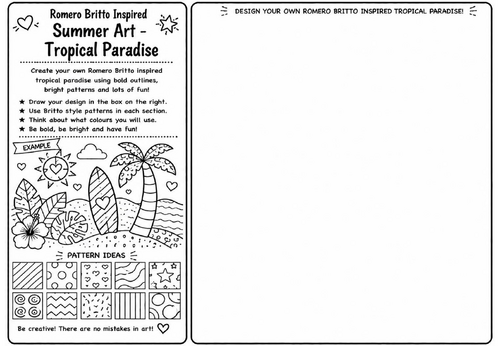 Romero Britto Inspired Summer Art – Tropical Paradise | KS2 KS3 Pop Art Drawing Worksheet | Summer C