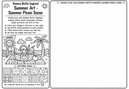 Romero Britto Inspired Summer Art – Summer Picnic Scene | KS2 KS3 Pop Art Drawing Worksheet | Summer