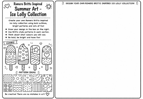 Romero Britto Inspired Summer Art – Ice Lolly Collection | KS2 KS3 Pop Art Drawing Worksheet | Summe