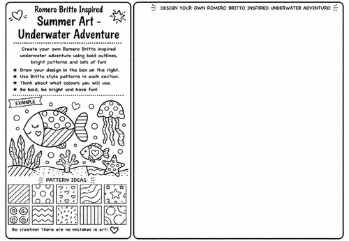Romero Britto Inspired Summer Art – Underwater Adventure | KS2 KS3 Pop Art Drawing Worksheet | Summe