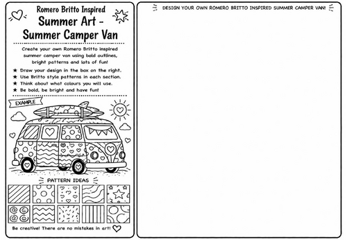 Romero Britto Inspired Summer Art – Summer Camper Van | KS2 KS3 Pop Art Drawing Worksheet | Summer C