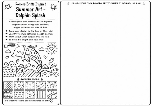 Romero Britto Inspired Summer Art – Dolphin Splash | KS2 KS3 Pop Art Drawing Worksheet | Summer Cove