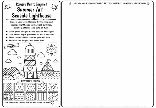 Romero Britto Inspired Summer Art – Seaside Lighthouse | KS2 KS3 Pop Art Drawing Worksheet | Summer
