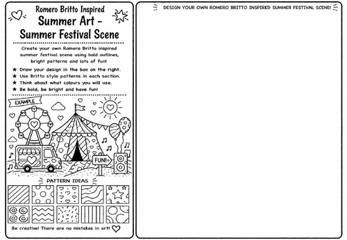 Romero Britto Inspired Summer Art – Summer Festival Scene | KS2 KS3 Pop Art Drawing Worksheet | Summ