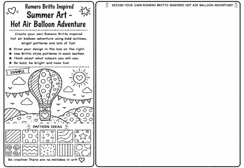 Romero Britto Inspired Summer Art – Hot Air Balloon Adventure | KS2 KS3 Pop Art Drawing Worksheet |