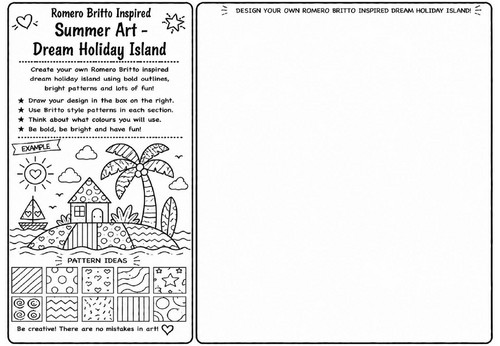 Romero Britto Inspired Summer Art – Dream Holiday Island | KS2 KS3 Pop Art Drawing Worksheet | Summe