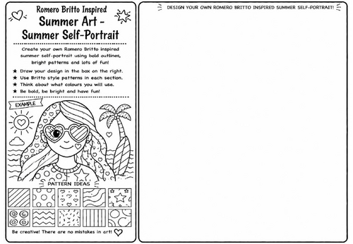 Romero Britto Inspired Summer Art – Summer Self-Portrait | KS2 KS3 Pop Art Drawing Worksheet | Summe