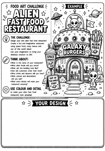 Alien Fast Food Restaurant | Food Art Challenge | Creative Drawing Worksheet | KS2 KS3 Art Cover Les