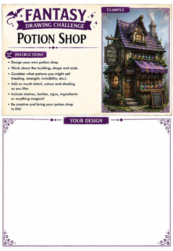 Fantasy Drawing Challenge | Potion Shop | KS3 Art Cover Lesson | Creative Drawing Worksheet