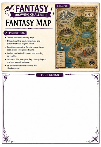 Fantasy Drawing Challenge | Fantasy Map | KS3 Art Cover Lesson | Creative World-Building Worksheet