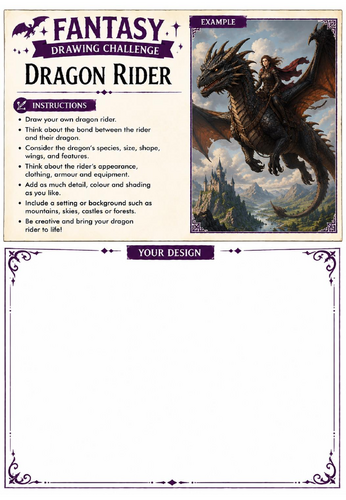 Fantasy Drawing Challenge | Dragon Rider | KS3 Art Cover Lesson | Fantasy Character Drawing Workshee