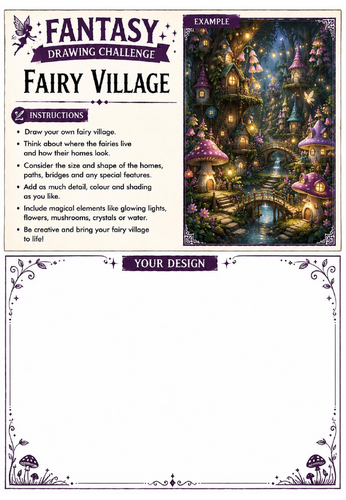 Fantasy Drawing Challenge | Fairy Village | KS3 Art Cover Lesson | Fantasy Landscape Drawing Workshe