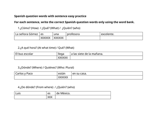 Spanish question words with sentence easy practice