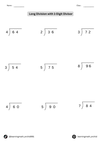 7-Page Worksheet Long Division with 1-Digit Divisor