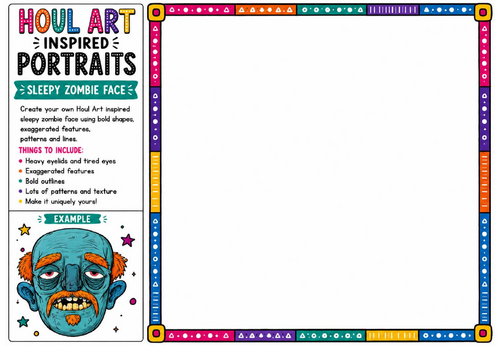 Houl Art Inspired Portraits | Sleepy Zombie Face Drawing Worksheet | KS2 KS3 Portrait Activity