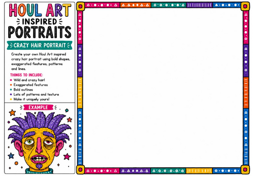 Houl Art Inspired Portraits | Crazy Hair Portrait Drawing Challenge | KS2 KS3 Art Worksheet