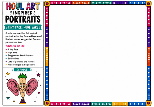 Houl Art Inspired Portraits | Tiny Face Huge Ears Character Worksheet | KS2 KS3