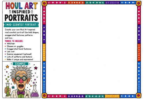 Houl Art Inspired Portraits | Mad Scientist Portrait Worksheet | KS2 KS3 Character Design