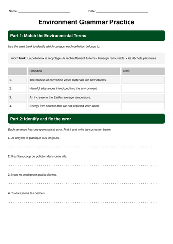 French Enviornment Grammar Practice GCSE