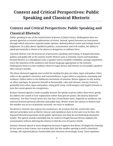 Julius Caesar - William Shakespeare – Public Speaking and Classical Rhetoric