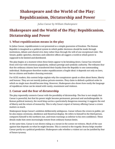 Julius Caesar - William Shakespeare – Republicanism, Dictatorship and Power