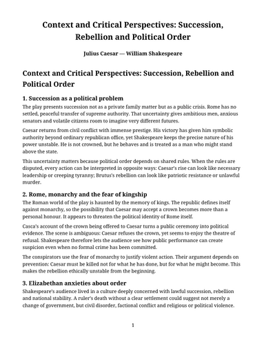 Julius Caesar - William Shakespeare – Succession, Rebellion and Political Order