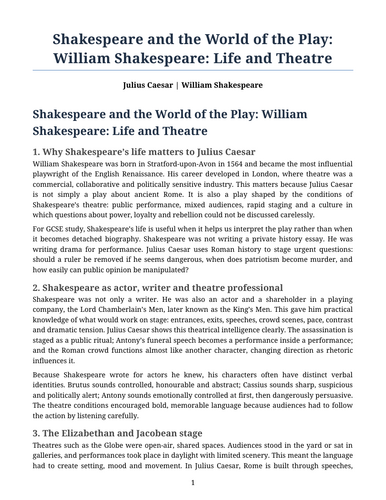 Julius Caesar - William Shakespeare – William Shakespeare: Life and Theatre
