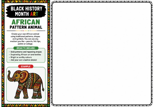 Black History Month Art: African Pattern Animal Drawing Challenge Worksheet