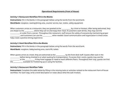 Hospitality and Catering COSHH Table Worksheet