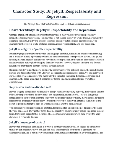 The Strange Case of Dr Jekyll and Mr Hyde – Dr Jekyll: Respectability and Repression