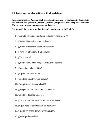 A.P Spanish personal questions with all verb types