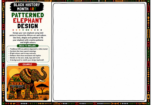 Black History Month Art: Patterned Elephant Design Worksheet