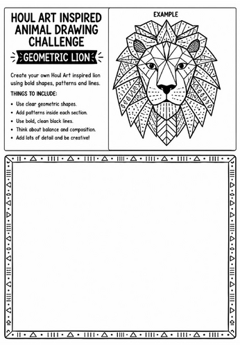 Houl Art Inspired Animal Drawing Challenge | Geometric Lion Worksheet | KS2 KS3 Art | Pattern Illust
