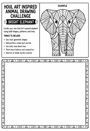 Houl Art Inspired Animal Drawing Challenge | Bright Elephant Worksheet | KS2 KS3 Art | Decorative An