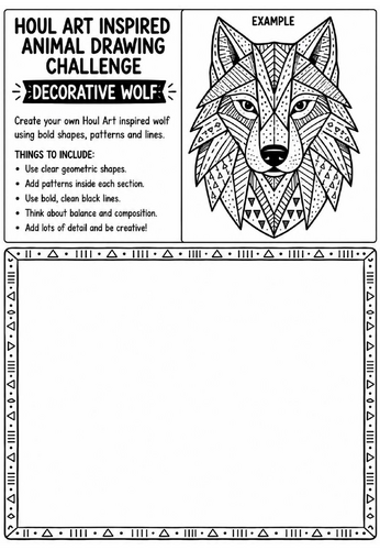 Houl Art Inspired Animal Drawing Challenge | Decorative Wolf Worksheet | KS2 KS3 Art | Geometric Ani