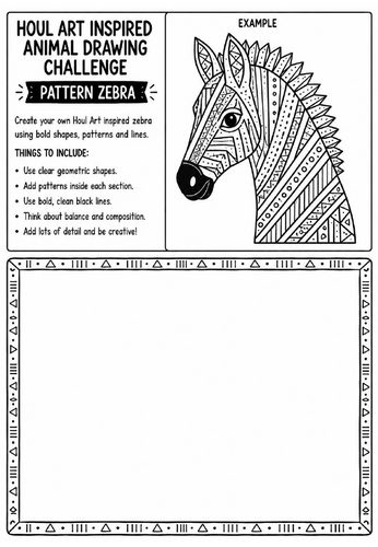 Houl Art Inspired Animal Drawing Challenge | Pattern Zebra Worksheet | KS2 KS3 Art | Decorative Anim