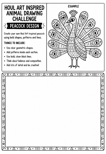 Houl Art Inspired Animal Drawing Challenge | Peacock Design Worksheet | KS2 KS3 Art | Pattern Illust
