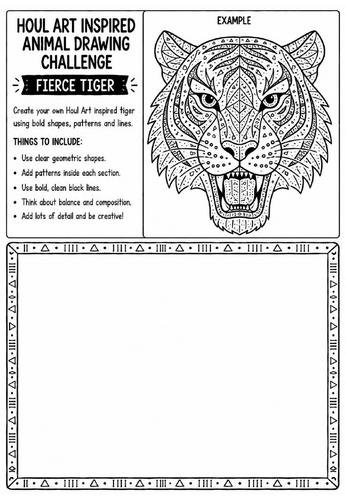 Houl Art Inspired Animal Drawing Challenge | Fierce Tiger Worksheet | KS2 KS3 Art | Decorative Anima
