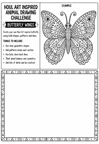 Houl Art Inspired Animal Drawing Challenge | Butterfly Wings Worksheet | KS2 KS3 Art | Symmetry & Pa