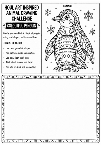 Houl Art Inspired Animal Drawing Challenge | Colourful Penguin Worksheet | KS2 KS3 Art | Decorative