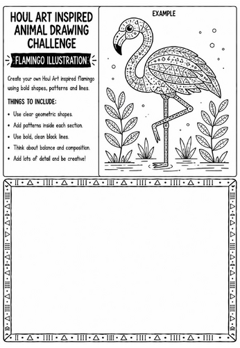 Houl Art Inspired Animal Drawing Challenge | Flamingo Illustration Worksheet | KS2 KS3 Art | Pattern