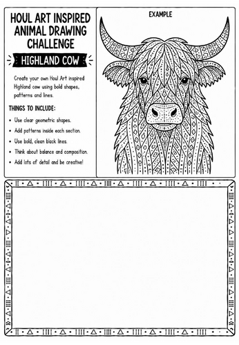 Houl Art Inspired Animal Drawing Challenge | Highland Cow Worksheet | KS2 KS3 Art | Decorative Anima