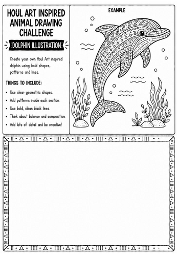 Houl Art Inspired Animal Drawing Challenge | Dolphin Illustration Worksheet | KS2 KS3 Art | Pattern