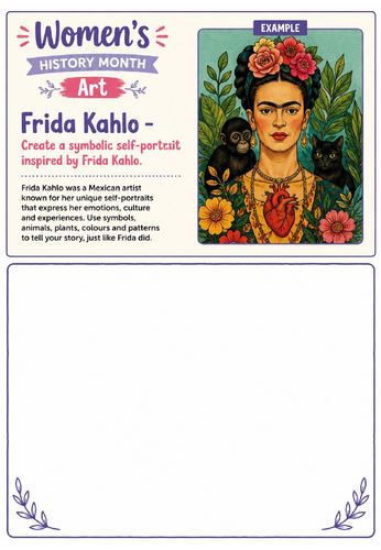 Women's History Month Art: Frida Kahlo Self-Portrait Drawing Challenge Worksheet
